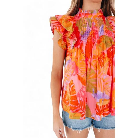 j.marie Eden Sleeveless Pleated Lined Top Pink Floral Mult Large JM3488 NEW NWT - Picture 2 of 5